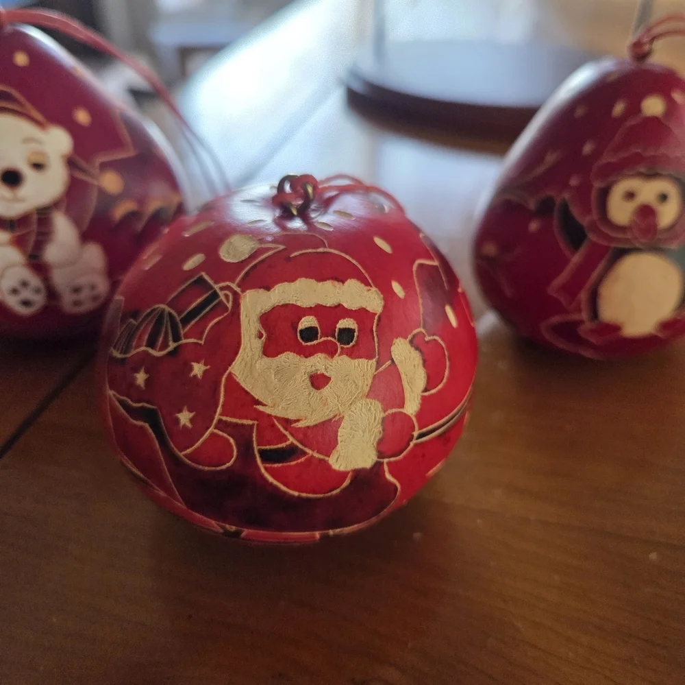 Hand Carved Dried Gourd Ornanent Trio (Polar Bear, Santa & Penguin)